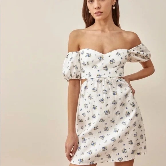 REFORMATION Emilia Linen Off Shoulder White Floral Cutout Mini Dress